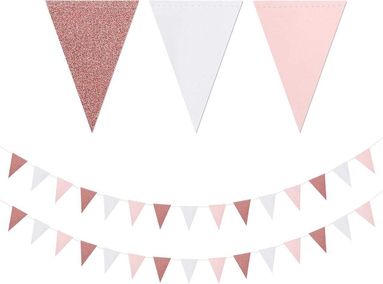 2-Pack Pink, White & Rose Gold Triangle Pennant Banner – Party & Wedding Decor